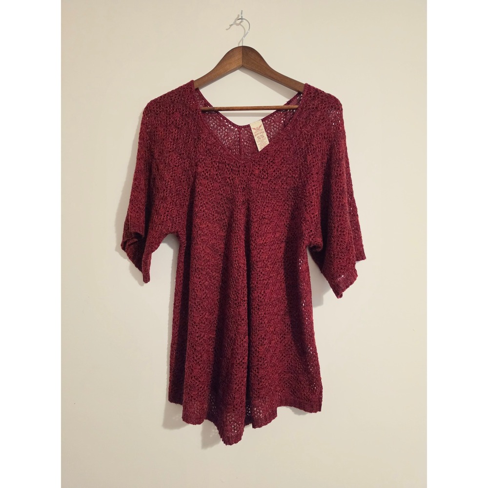 Faded Glory Tunic Top Womens XL 16-18 Red Acrylic Knit Boho V-Neck Short Sleeve